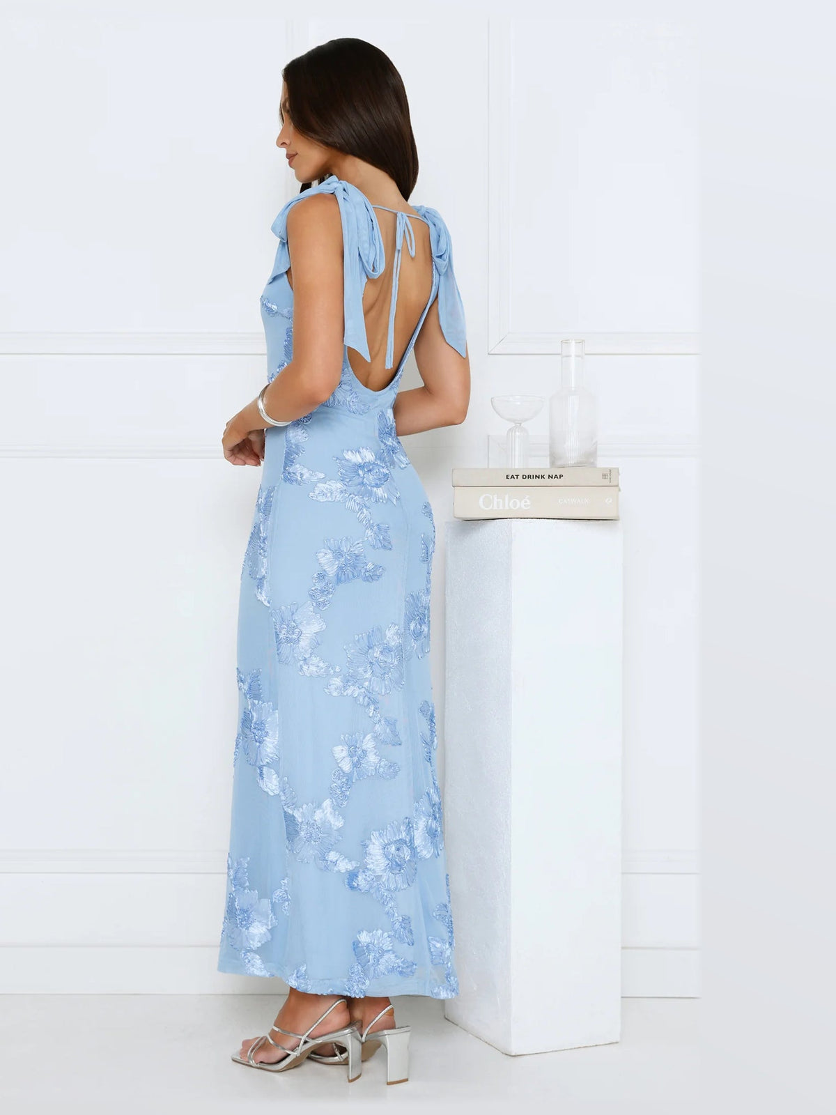 Blue maxi formal dress, alternate full-length view showing the skirt