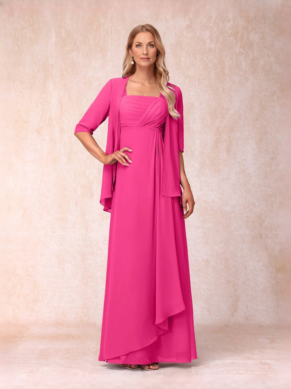 Hot pink chiffon dress with square neckline, ruched bodice, layered A-line skirt, 3/4 sleeves.