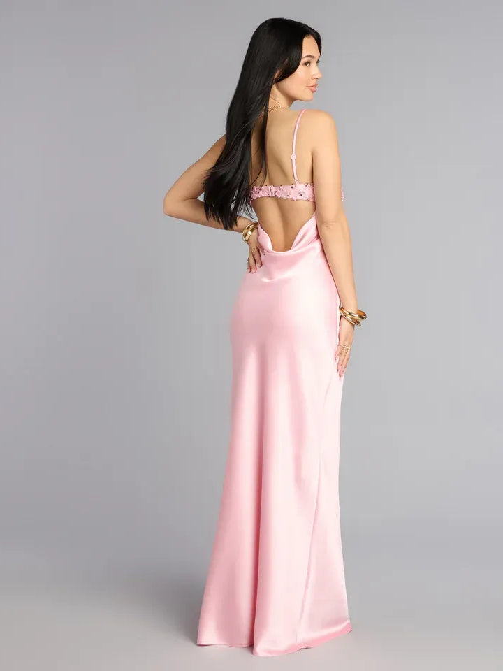 Pink satin formal dress with beaded spaghetti straps and sweetheart neckline, floor-length