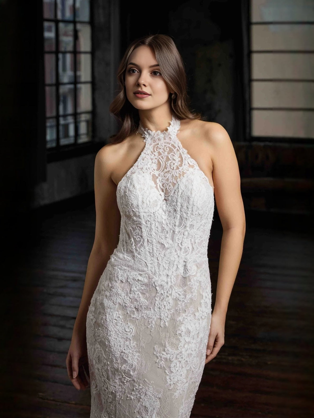 Ivory lace halter-neck wedding dress with floral texture and fitted mermaid shape
