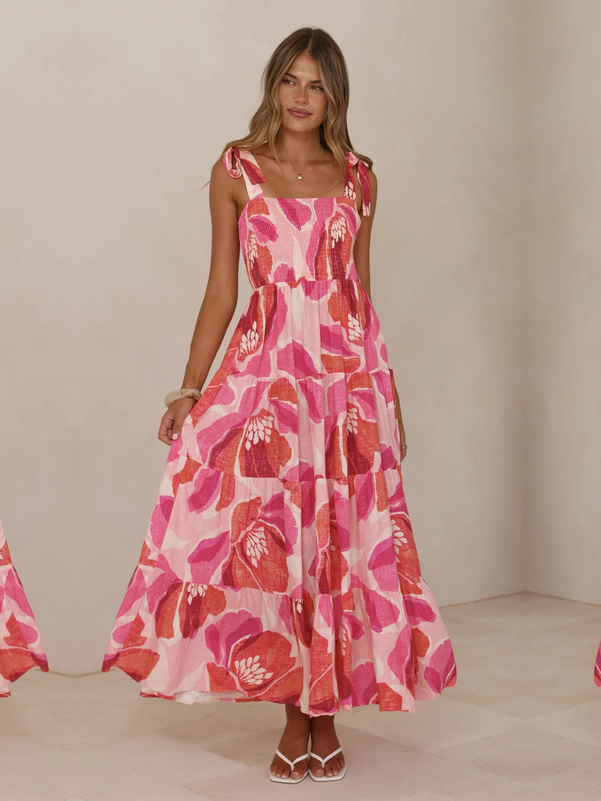 Pink a-line maxi formal dress with tiered skirt, alternate view showing the waist