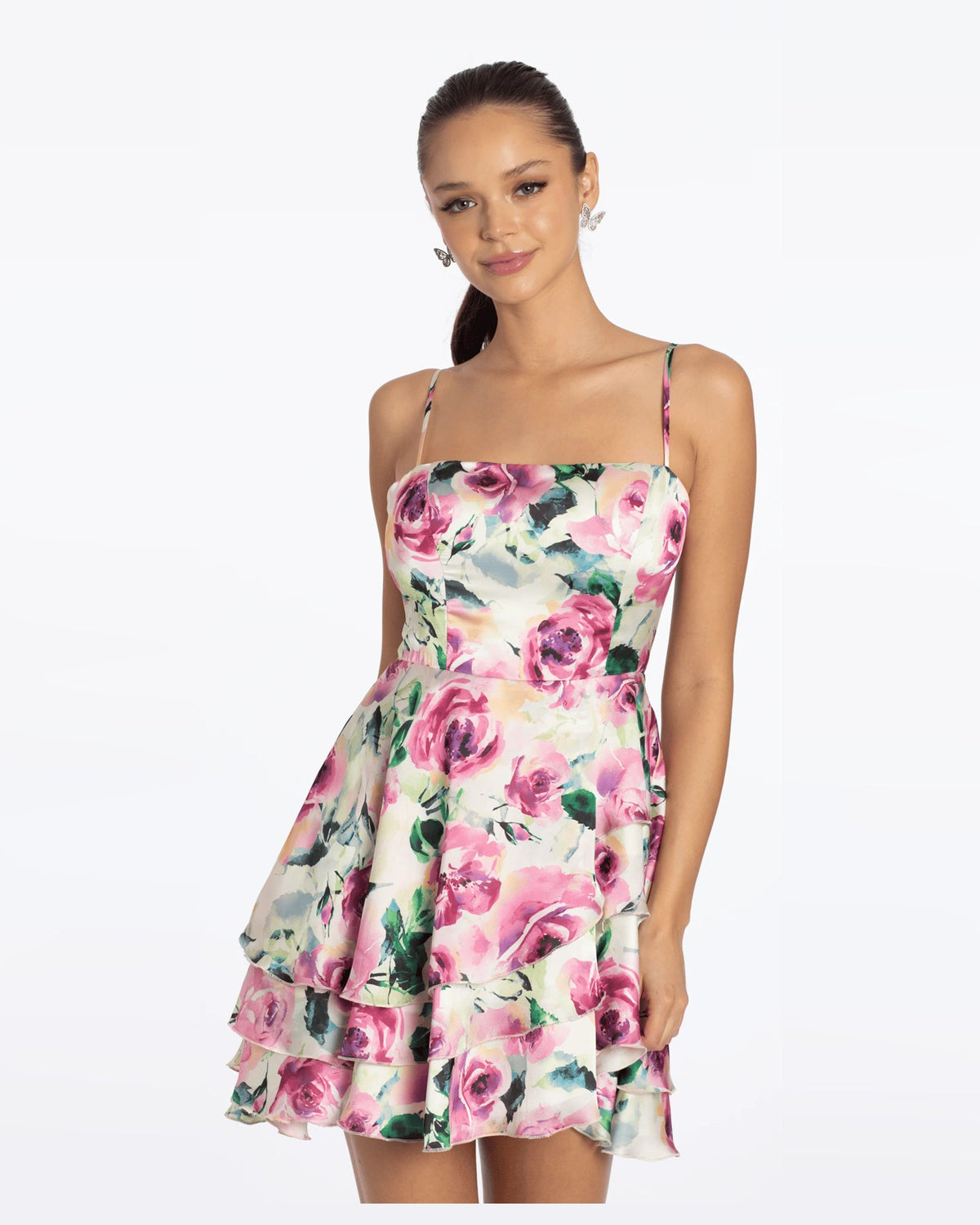 Pink floral spaghetti-strap A-line mini dress with tiered ruffle skirt