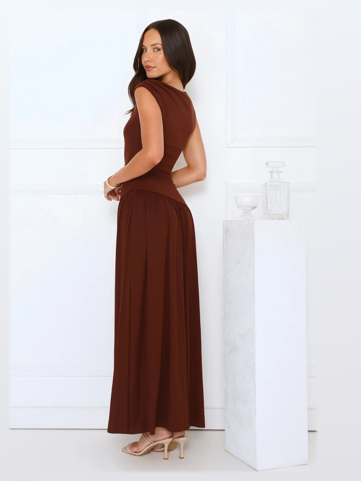 Brown maxi formal dress, alternate full-length view showing the skirt