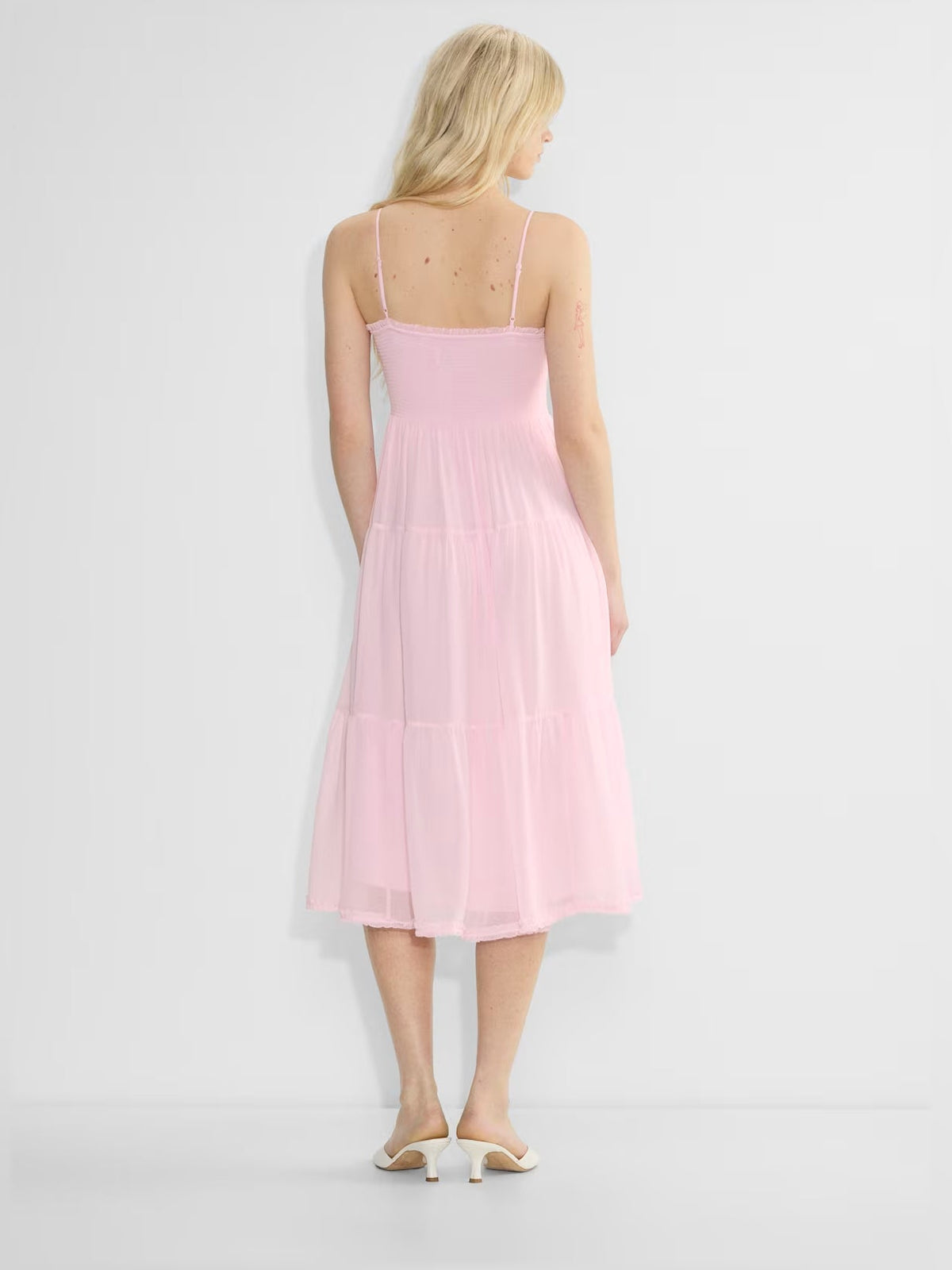Pink chiffon V-neck midi dress with spaghetti straps back and tiered skirt