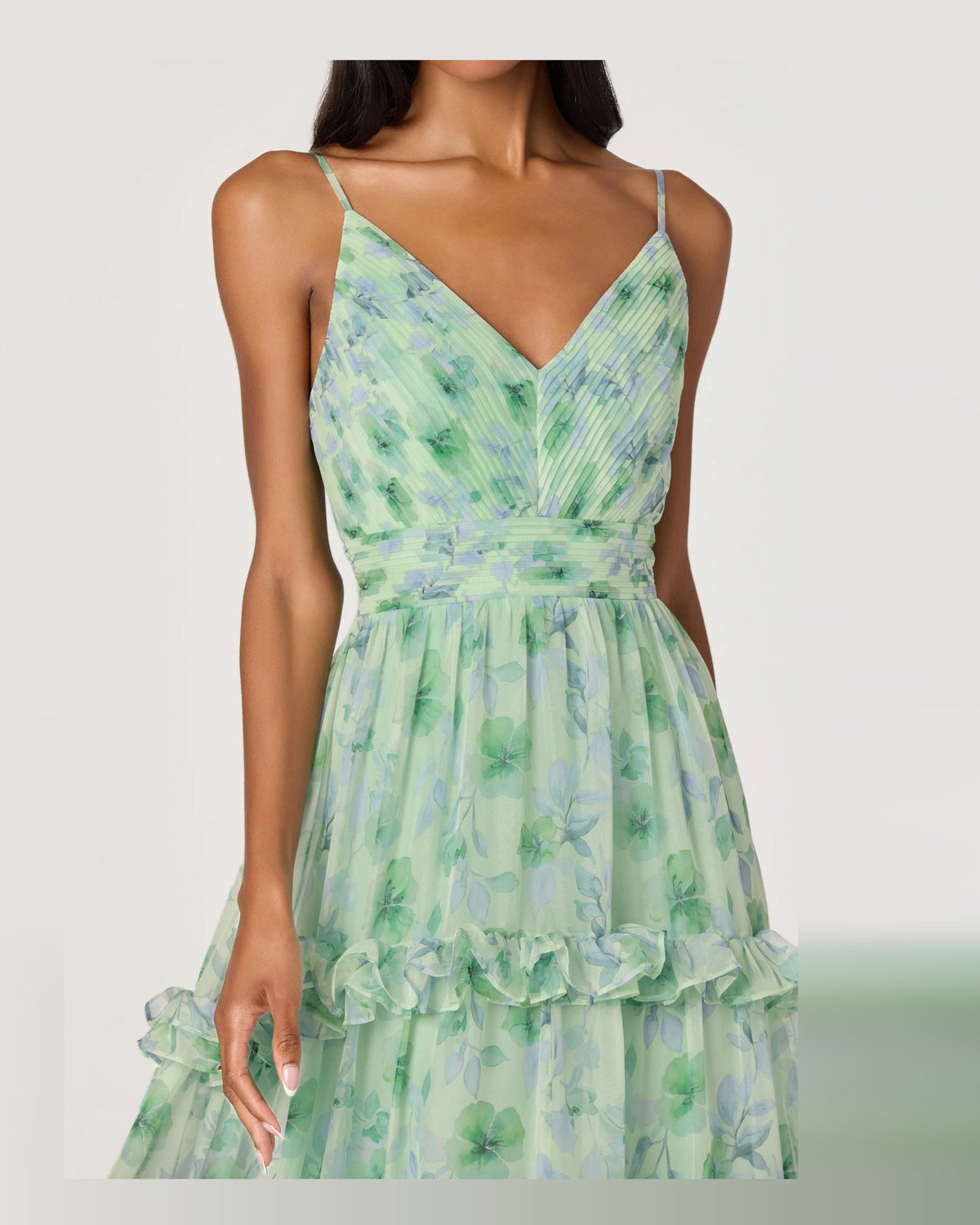 Green floral spaghetti-strap V-neck tiered maxi dress with ruched waist and ruffles