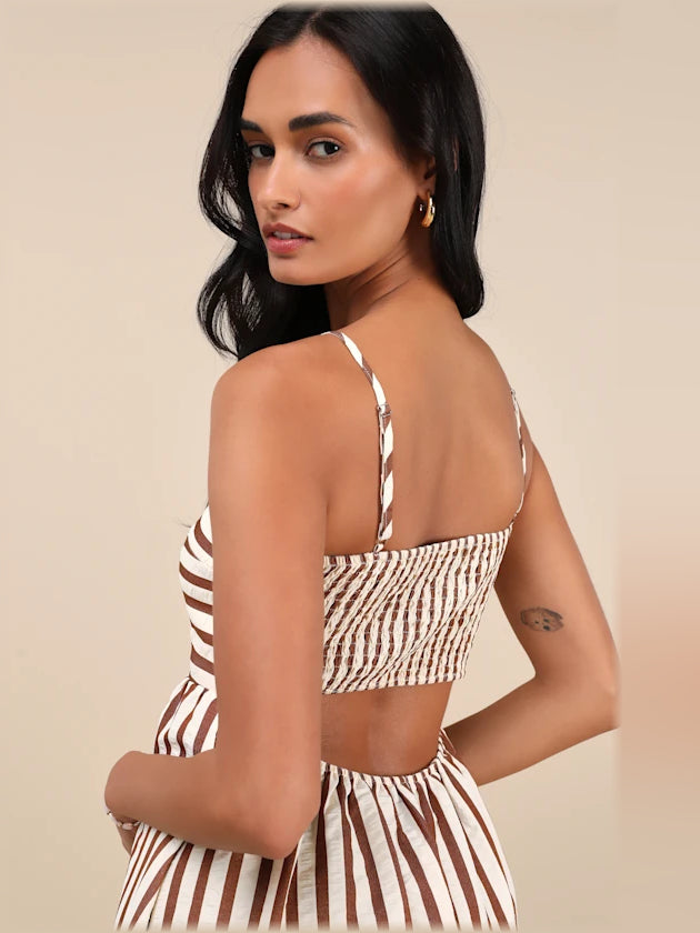 Brown striped backless cutout dress with thin tie straps and tiered skirt