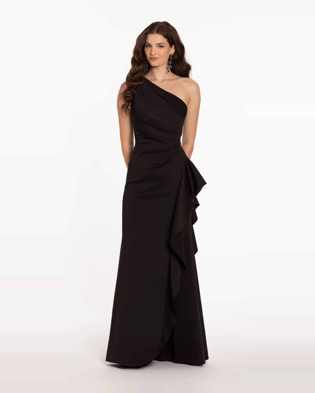 Black one-shoulder trumpet maxi dress with asymmetrical drape and side ruffle overlay