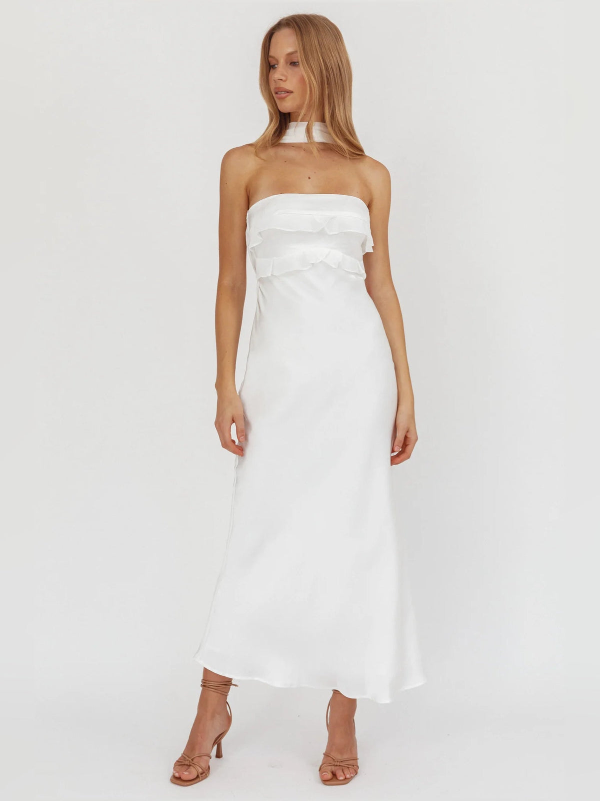 White sheath midi formal dress with ruffle details, alternate view showing the waist