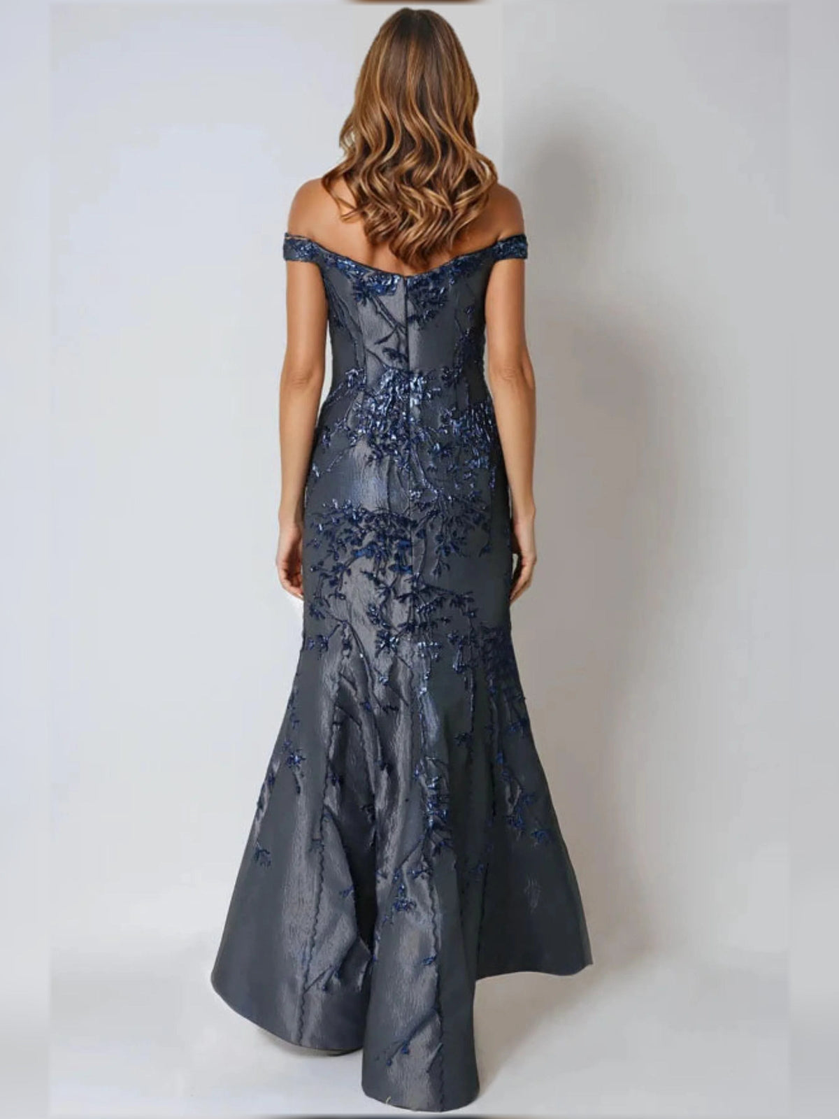 Navy floral A-line floor-length dress, off-shoulder back with lace embroidery