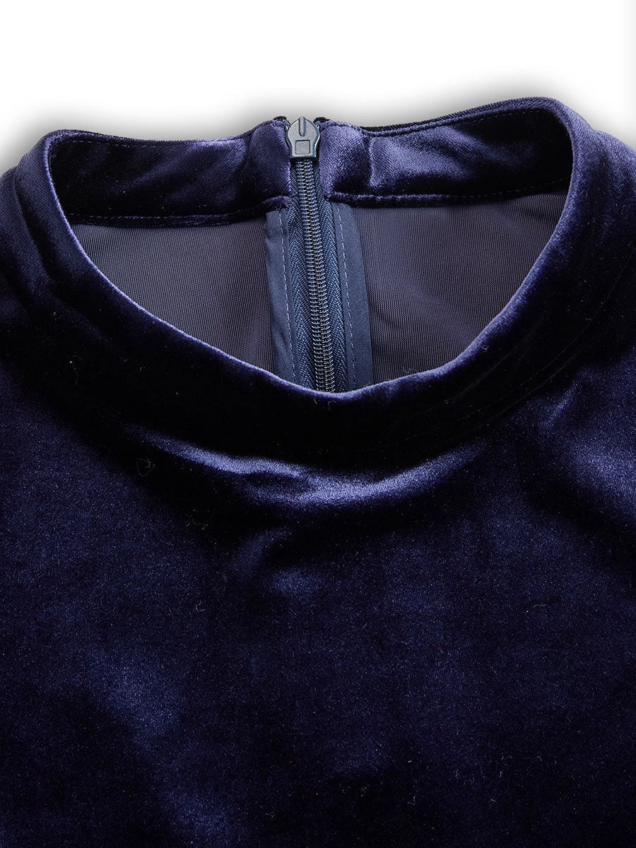 Navy blue velvet dress neckline with centered zipper