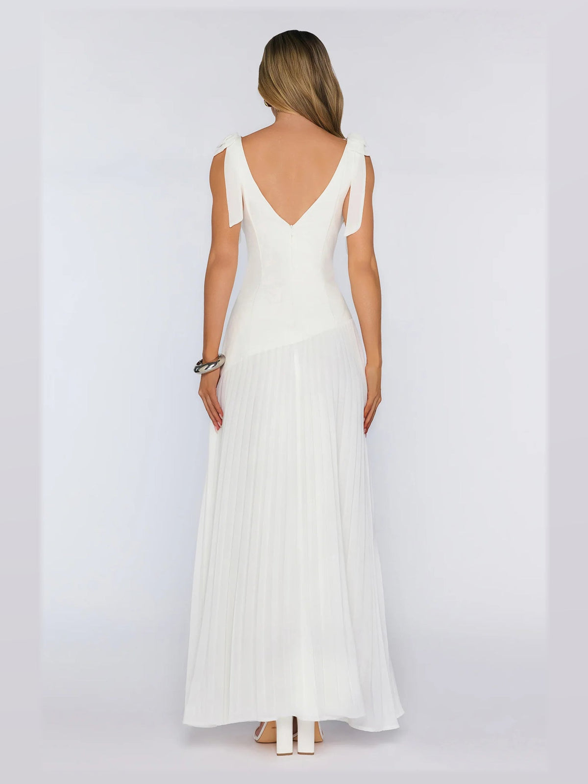 White formal dress with a-line detailing