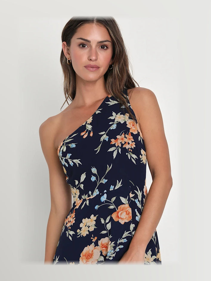 Blue Floral formal dress with a-line detailing