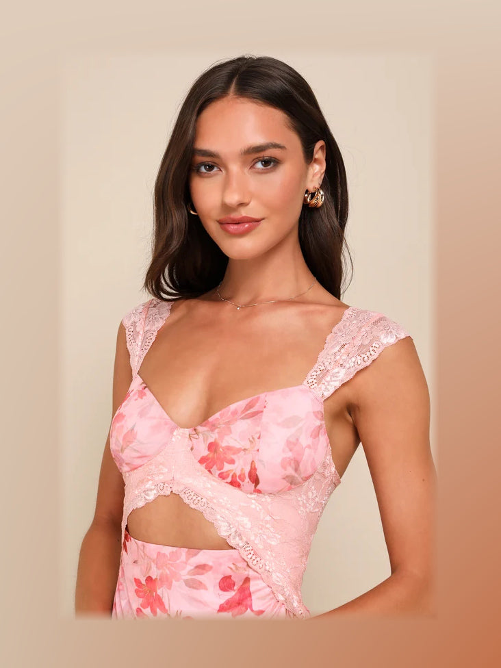 Pink Floral formal dress with cut-out detailing