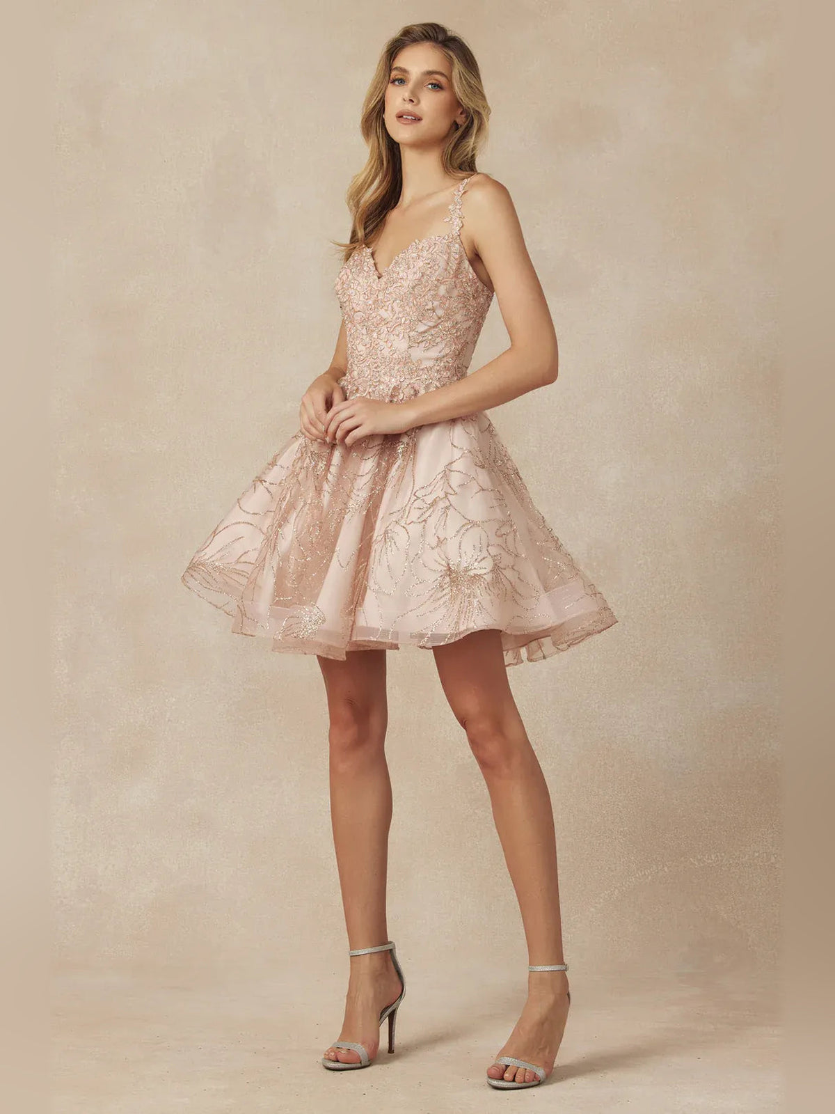 Champagne embroidered floral tulle mini fit-and-flare dress with V-neck corset bodice
