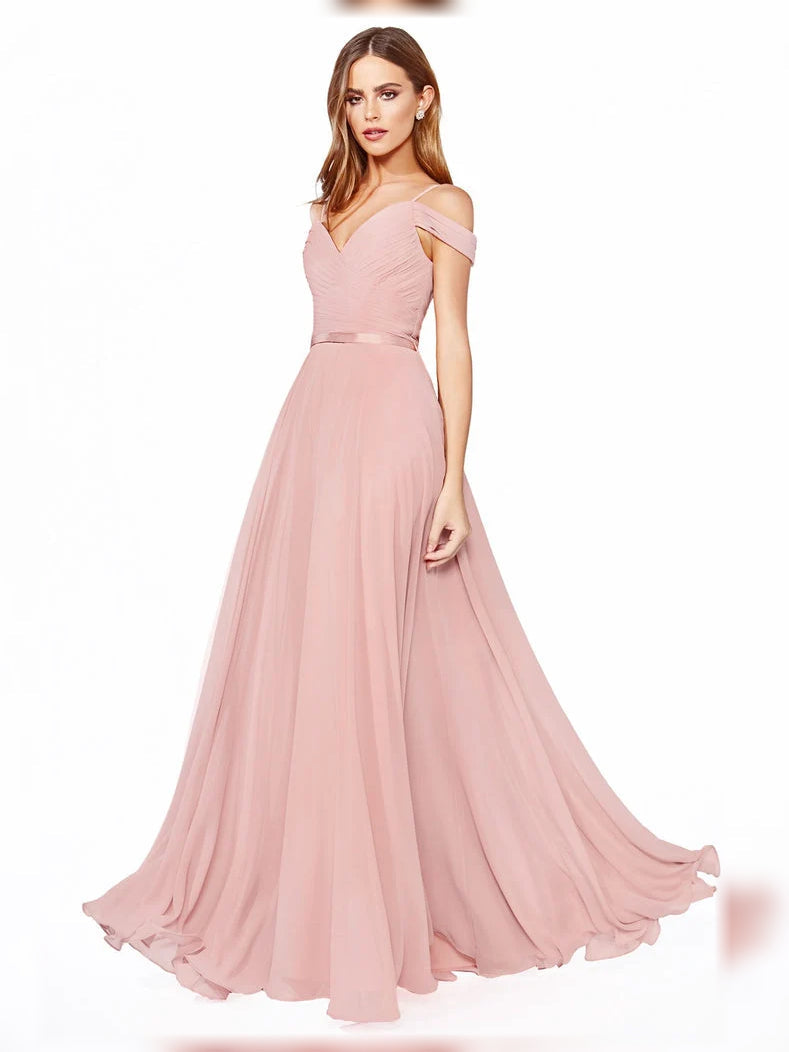 Dusty rose off-shoulder sweetheart A-line chiffon dress with gathered waist, floor length