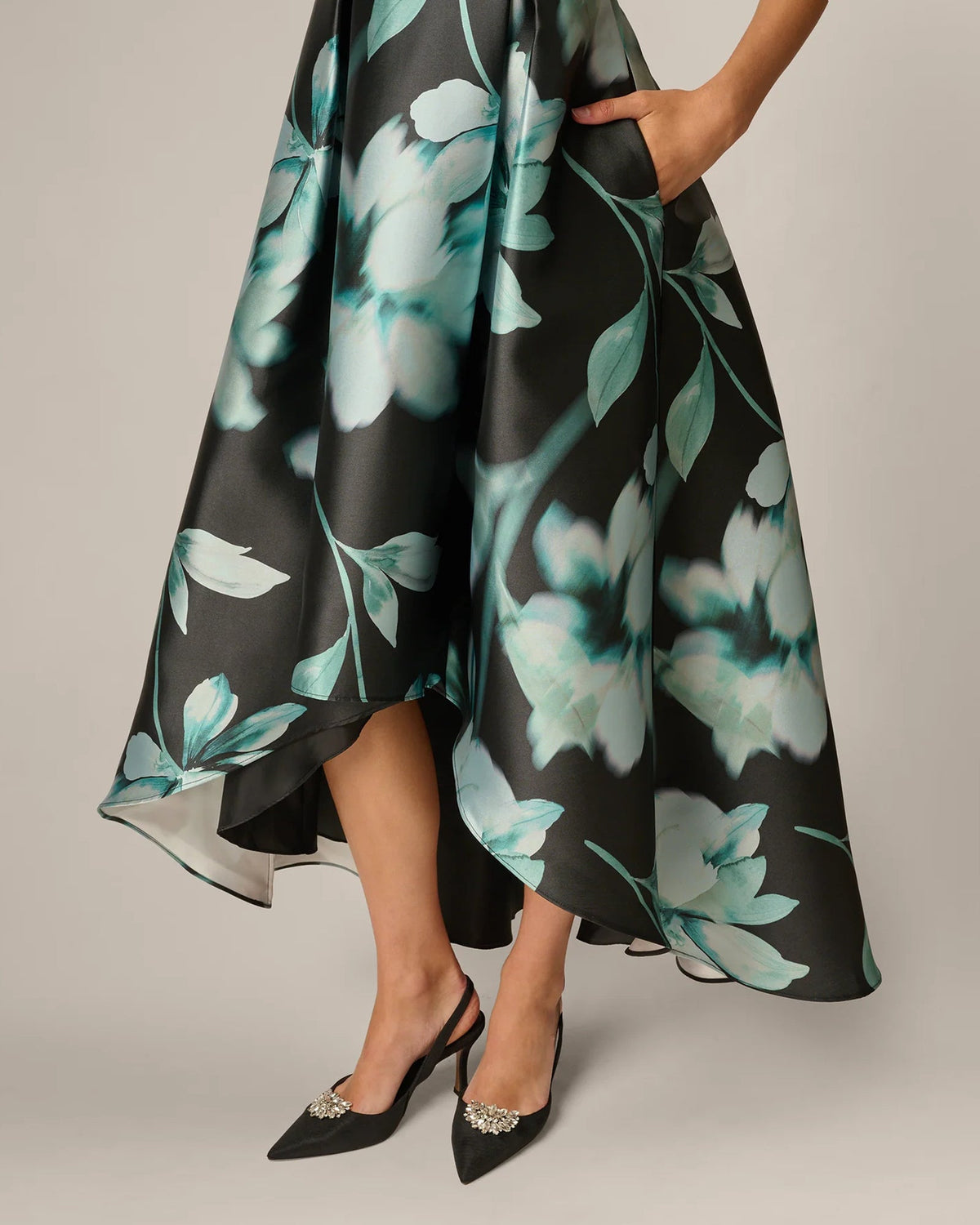 Floral print high-low A-line maxi skirt with spaghetti straps, black and teal blooms