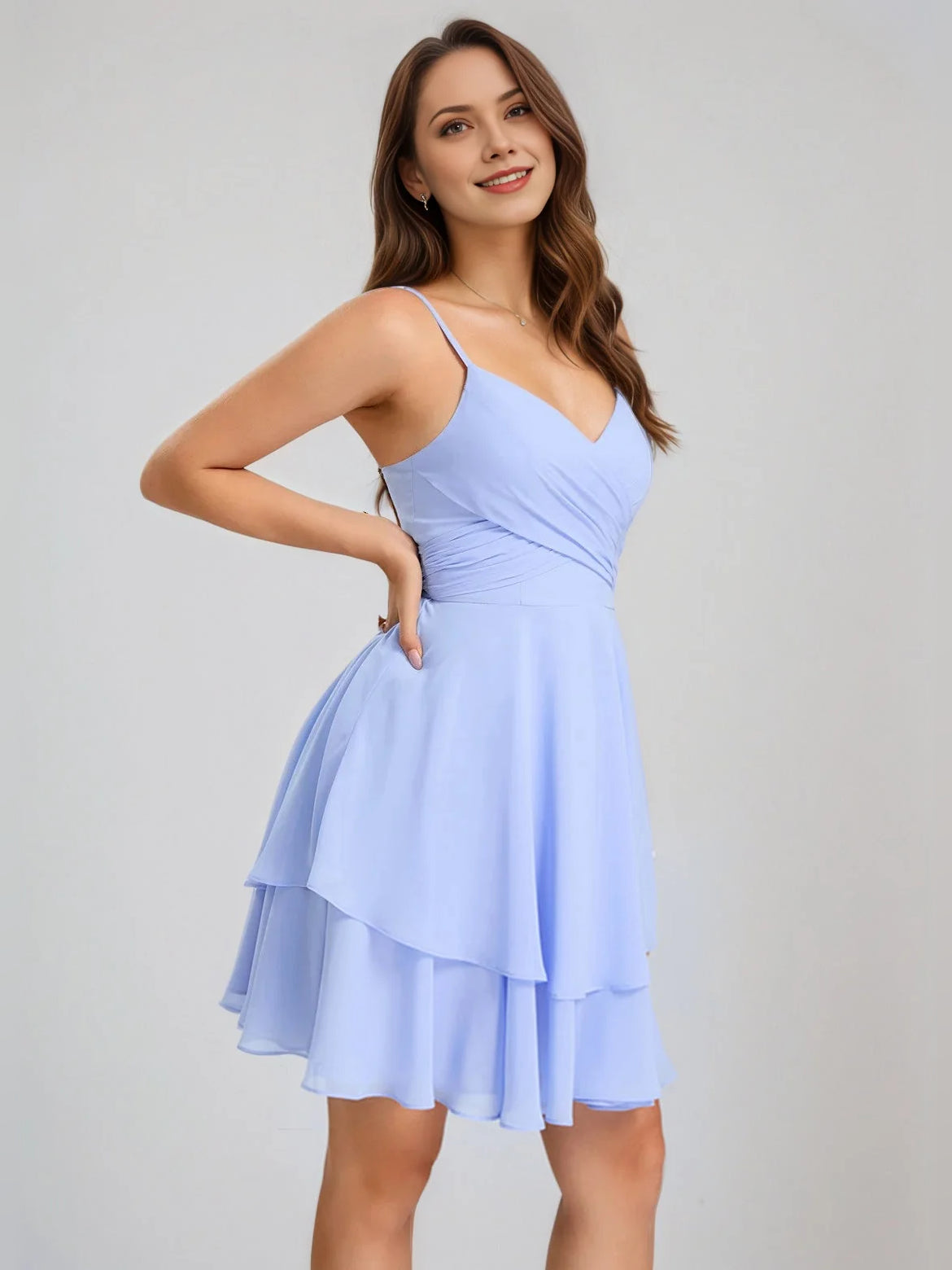 Light blue ruched V-neck A-line mini dress with layered ruffle tiers