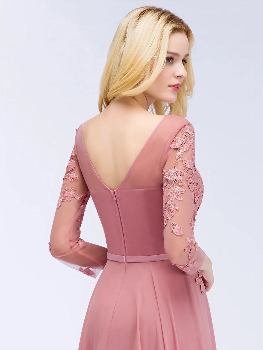 Dusty pink open-back A-line prom dress with lace sleeves and fitted waist
