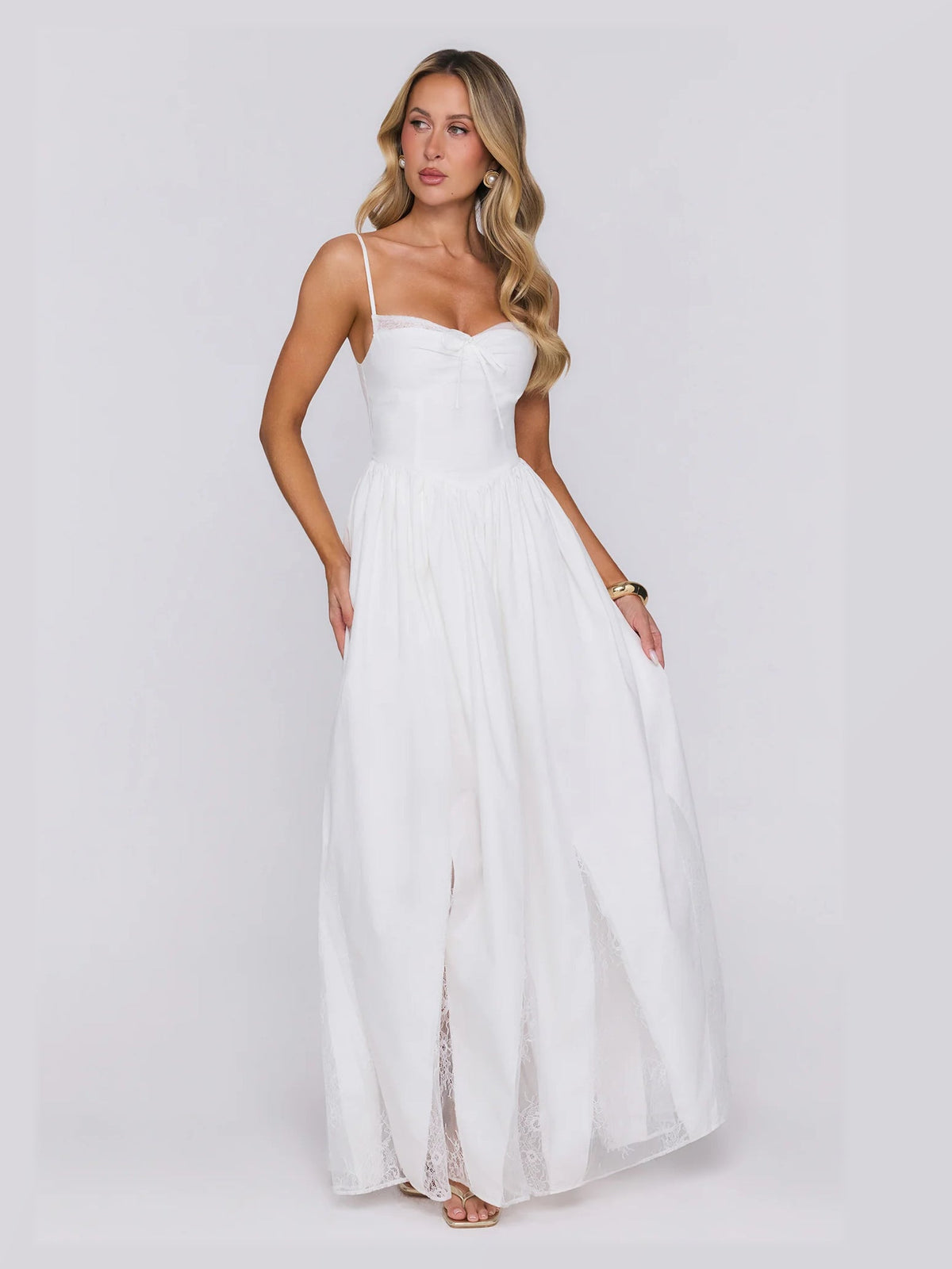 White formal dress with a-line detailing