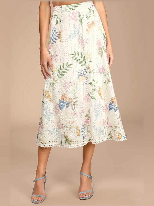 Floral embroidered midi skirt with scalloped eyelet hem and lace edging, white