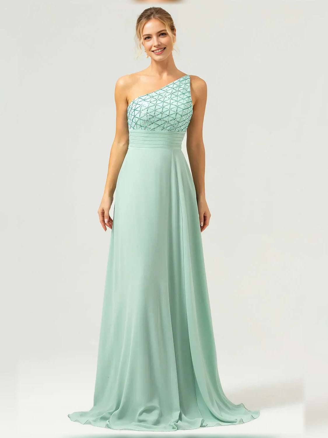 Mint green one-shoulder floor-length formal dress with pleated skirt and beadwork