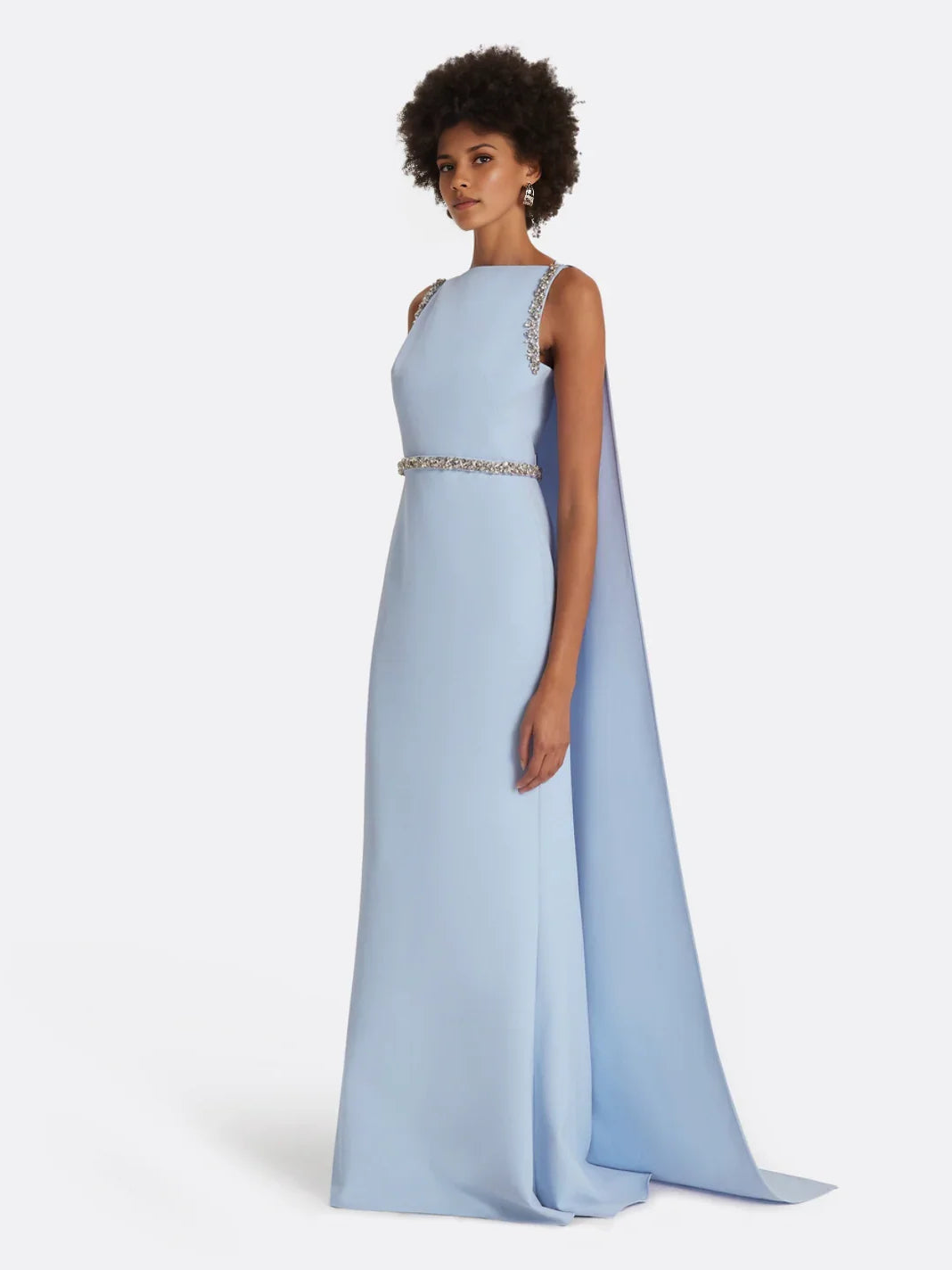 Light blue mermaid formal dress, sleeveless with beaded bodice and waist, floor length