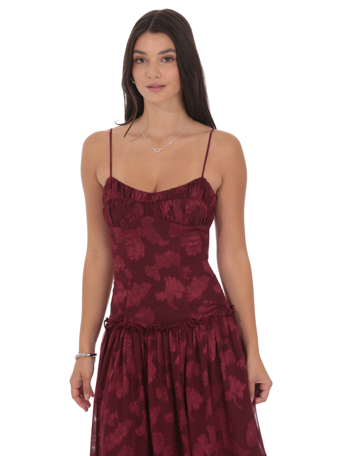 Burgundy bridesmaid dress with a-line detailing