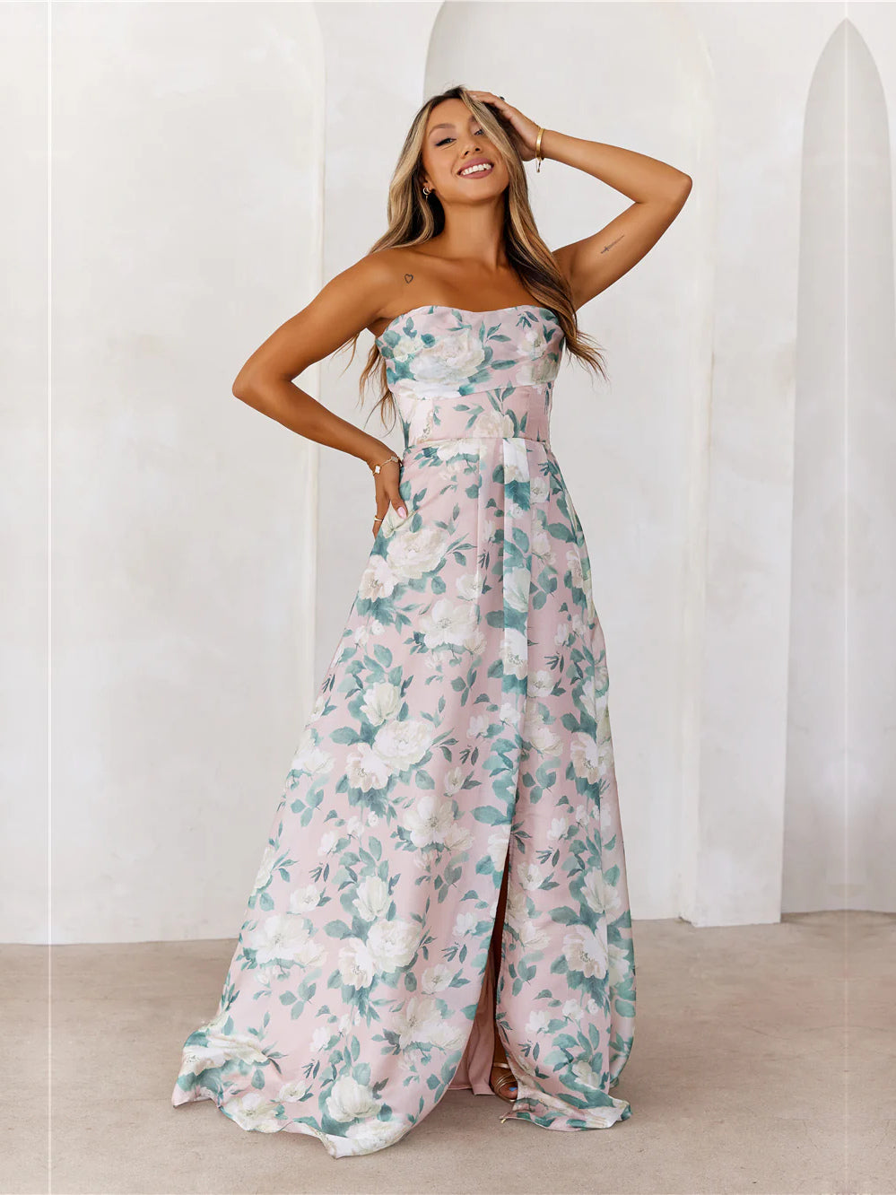 Multi a-line maxi formal dress with floral print, alternate view showing the waist