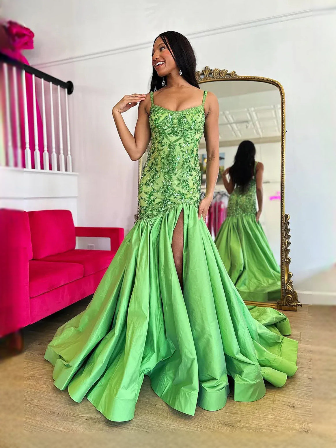 Lime green beaded floral V-neck mermaid gown with layered skirt and side slit