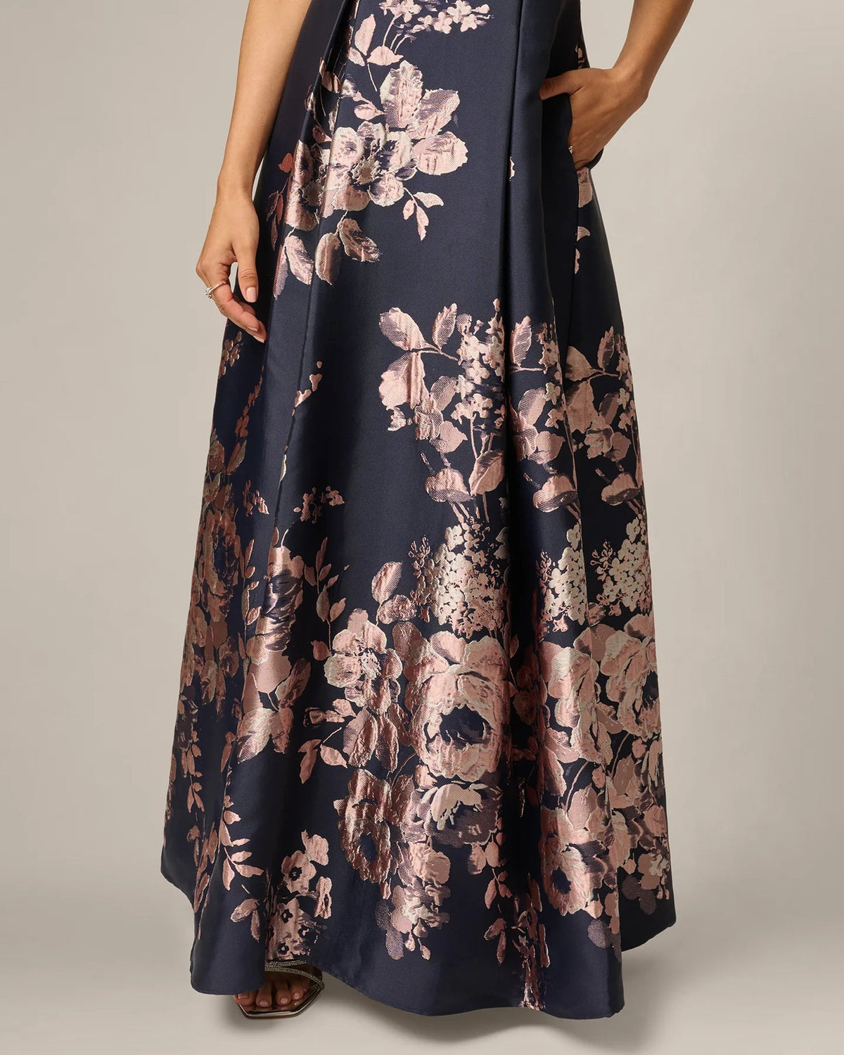 Navy A-line maxi dress with blush floral print, side view