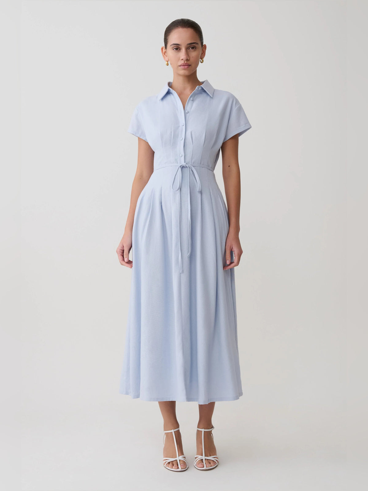 Cornflower blue linen midi dress with shirt collar, button front, and tied waist belt