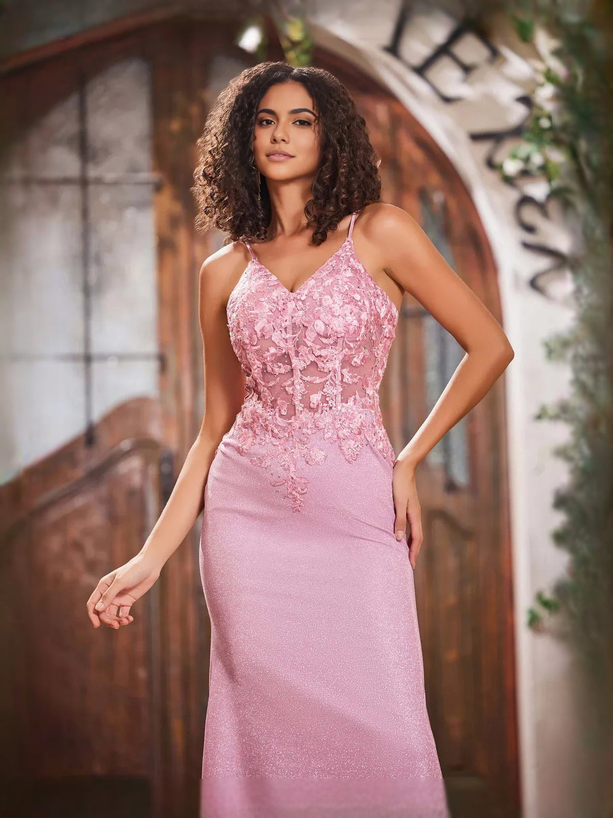 Light pink floral-applique glitter V-neck mermaid maxi prom dress