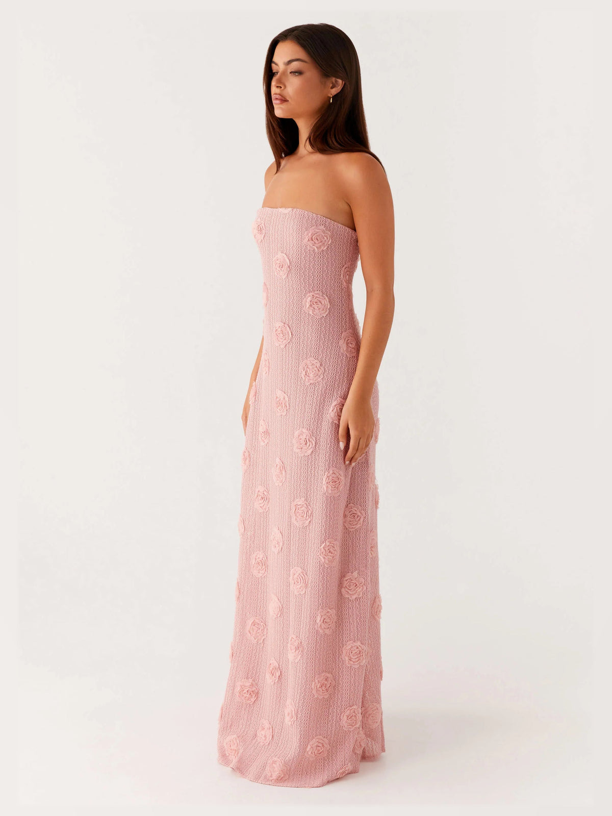 Pink maxi formal dress, alternate full-length view showing the skirt