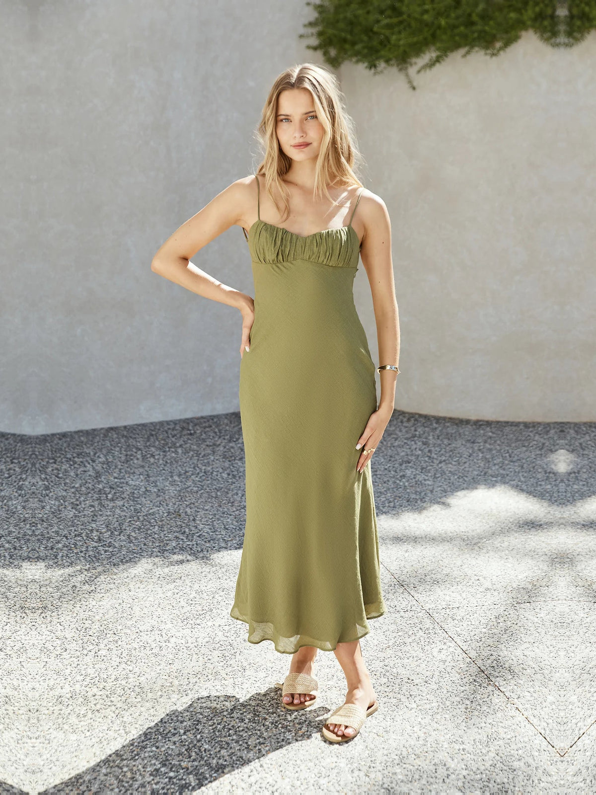 Green sheath maxi formal dress with ruching, alternate view showing the waist