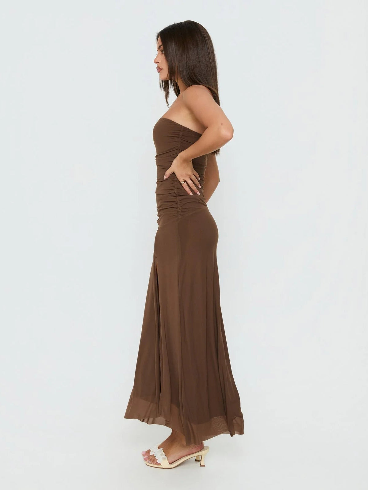 Mocha formal dress with a-line detailing