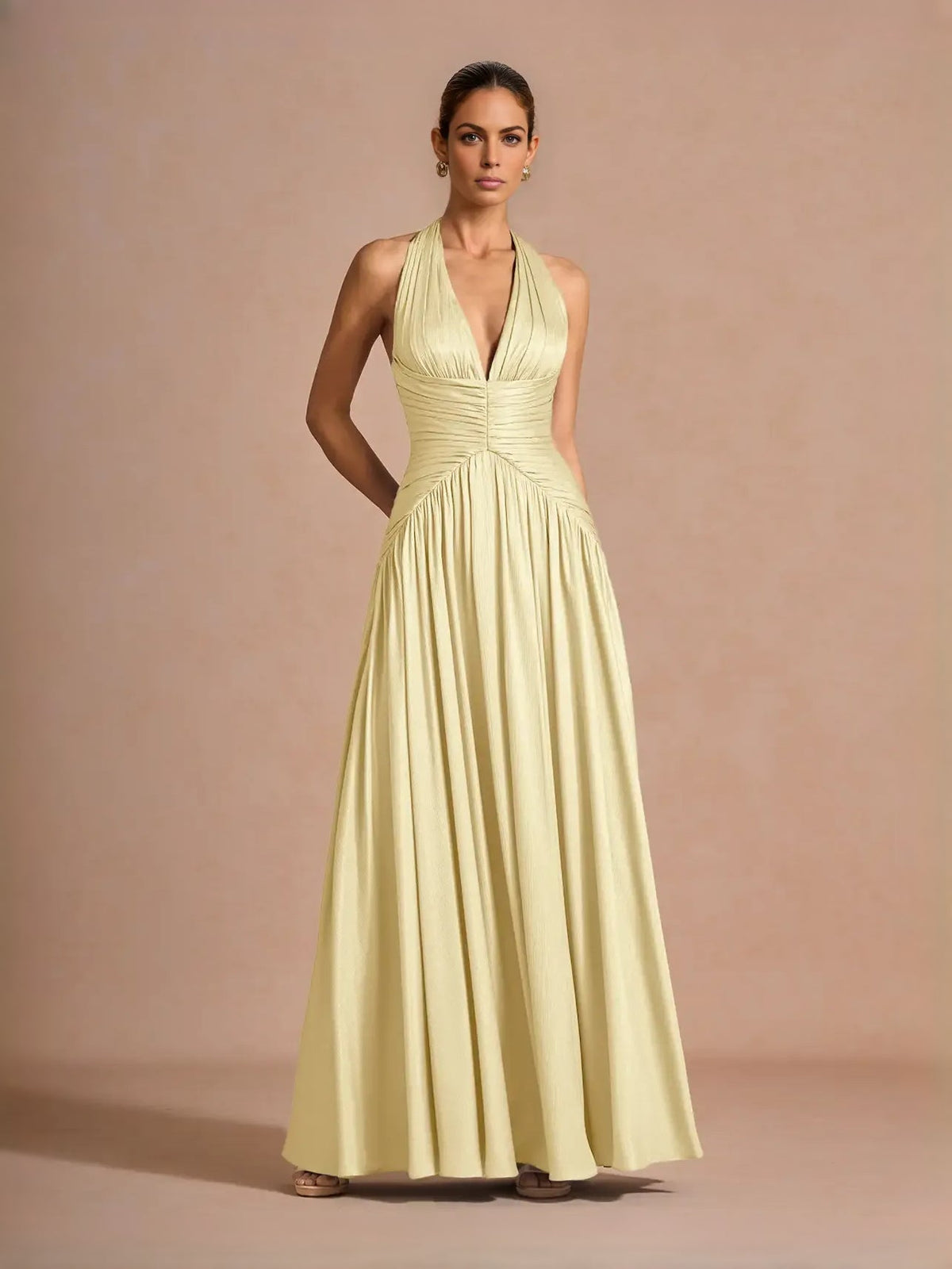 Pale lemon V-neck ruched corset maxi prom dress with gathered A-line chiffon skirt