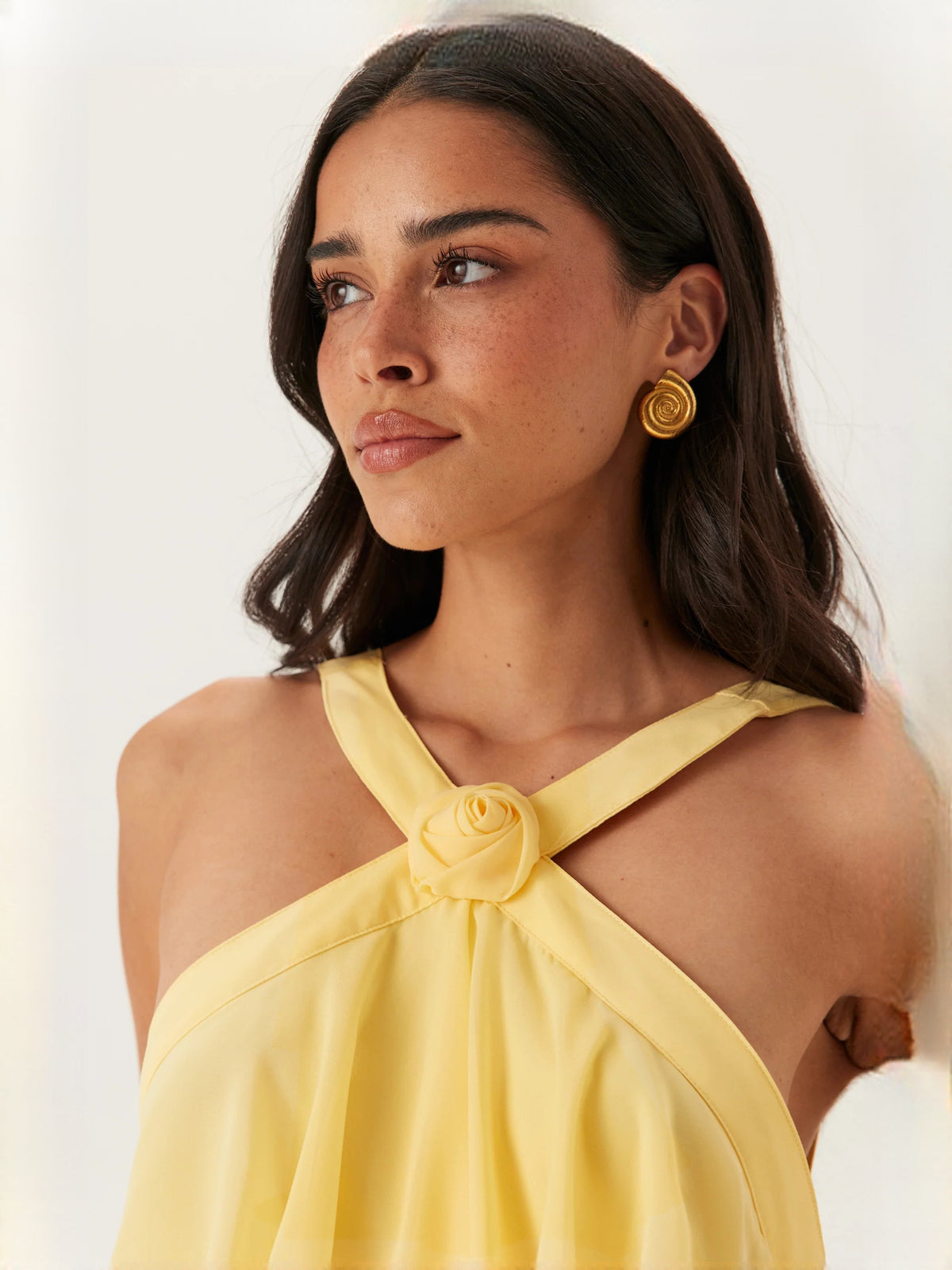 Yellow a-line maxi formal dress with ruffle details, alternate full-length view