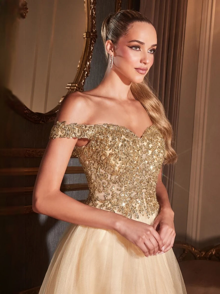 Champagne glitter sweetheart A-line prom dress with off-shoulder draped tulle skirt