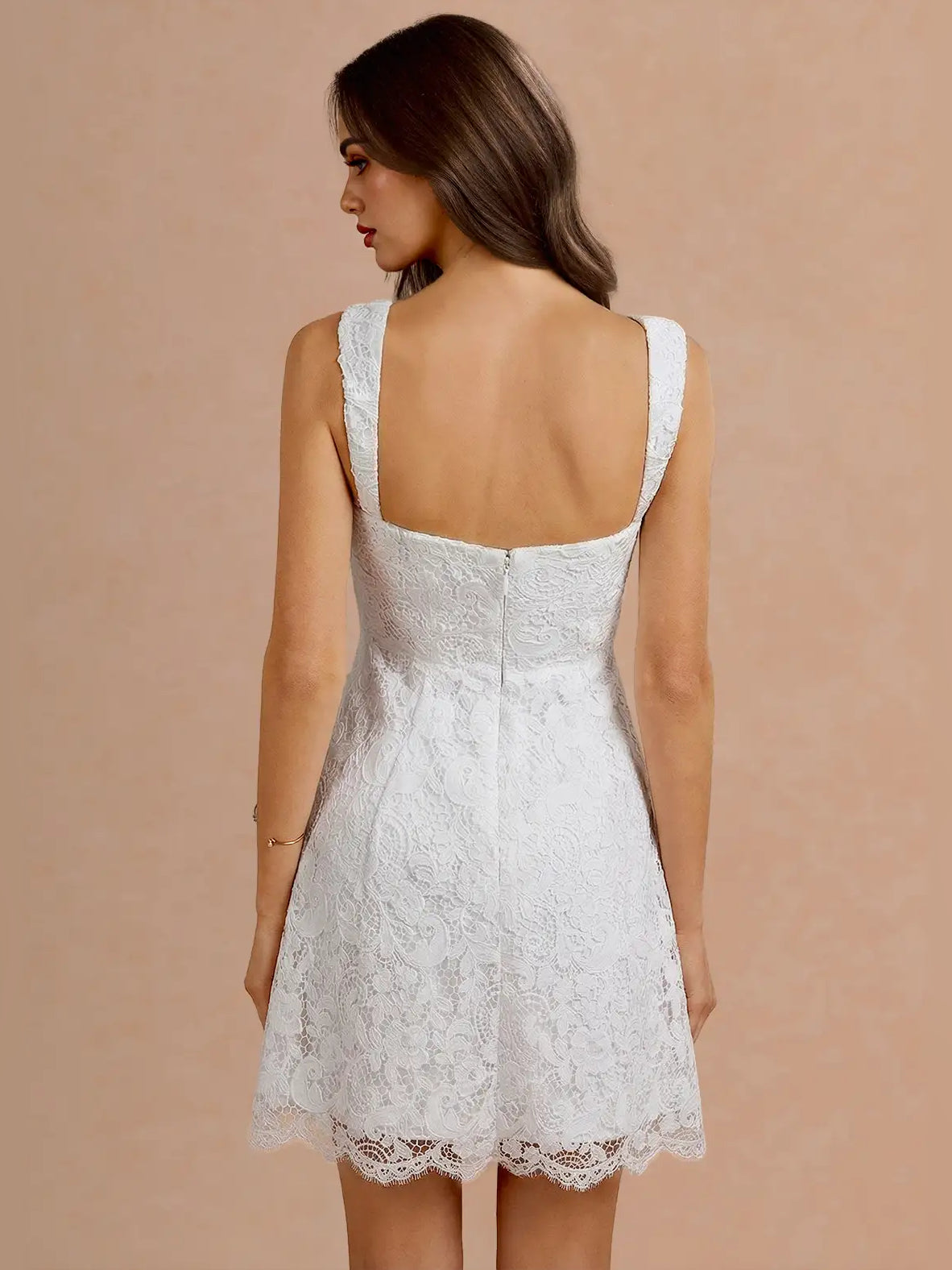 White floral lace A-line mini dress back view with scoop back and thin straps
