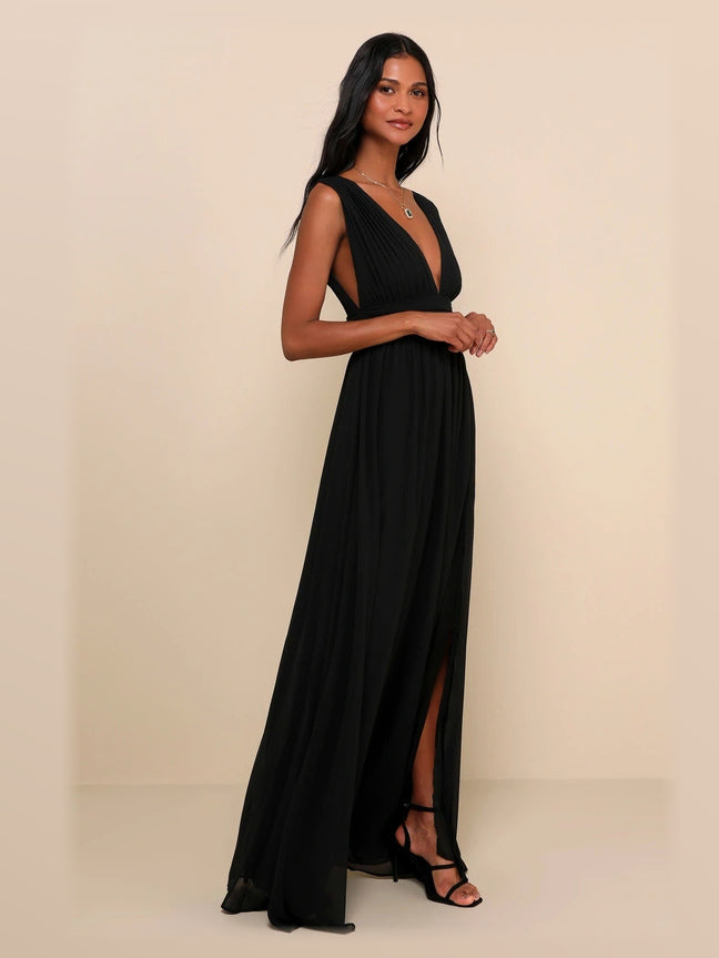 Black formal dress with a-line detailing
