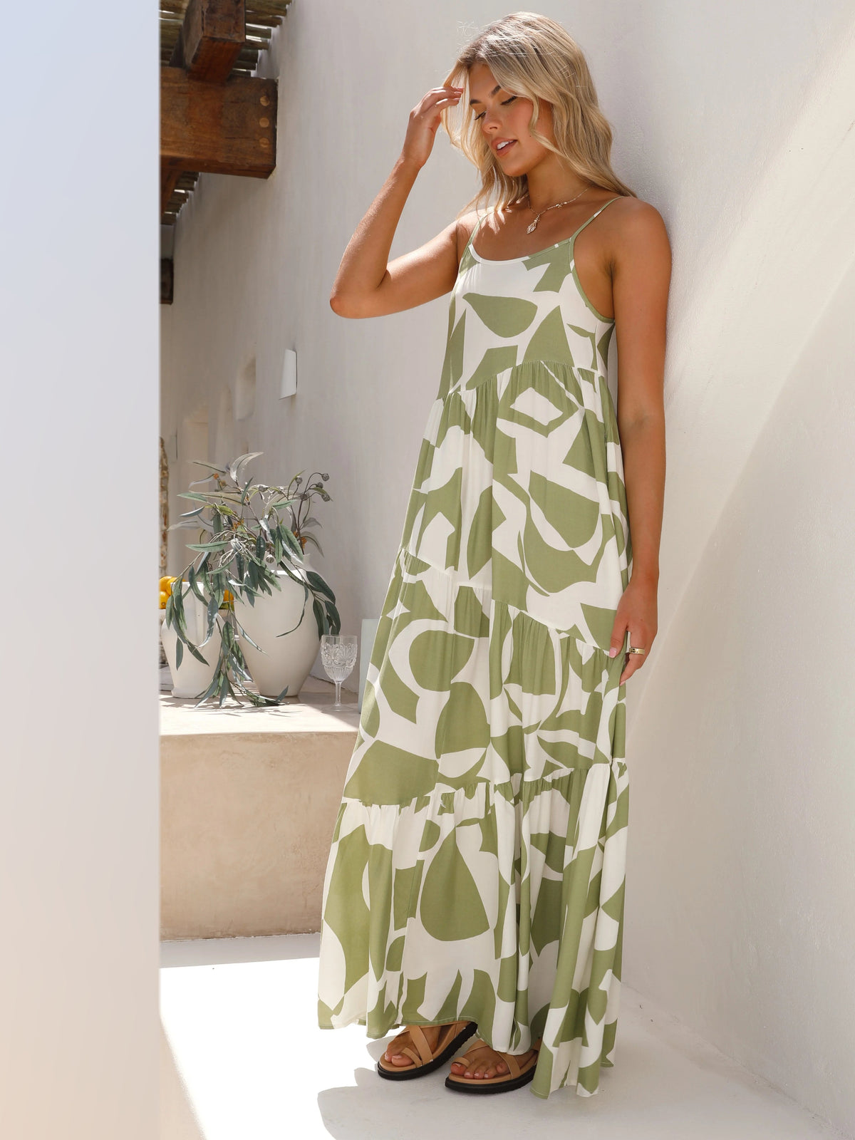 Sage Print maxi formal dress, alternate full-length view showing the skirt