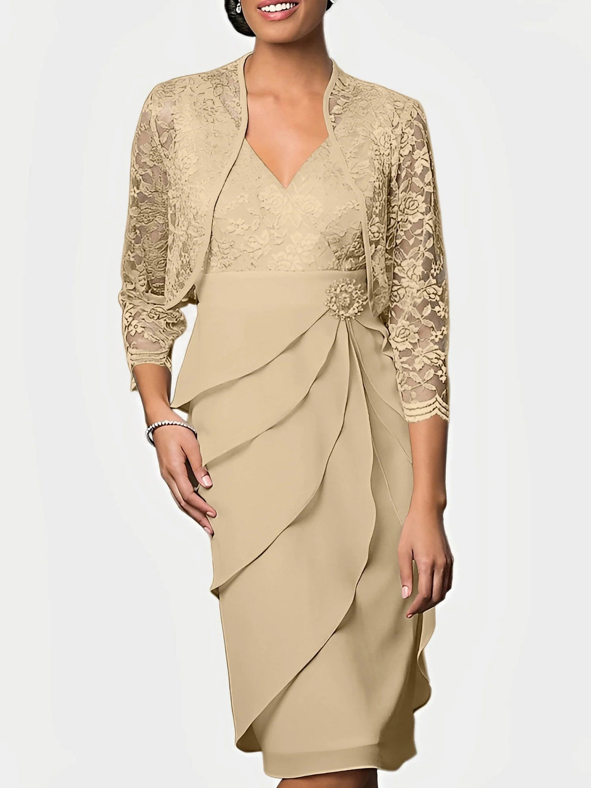 Daffodil yellow lace mother-of-the-bride dress with V-neck and draped bow-front skirt