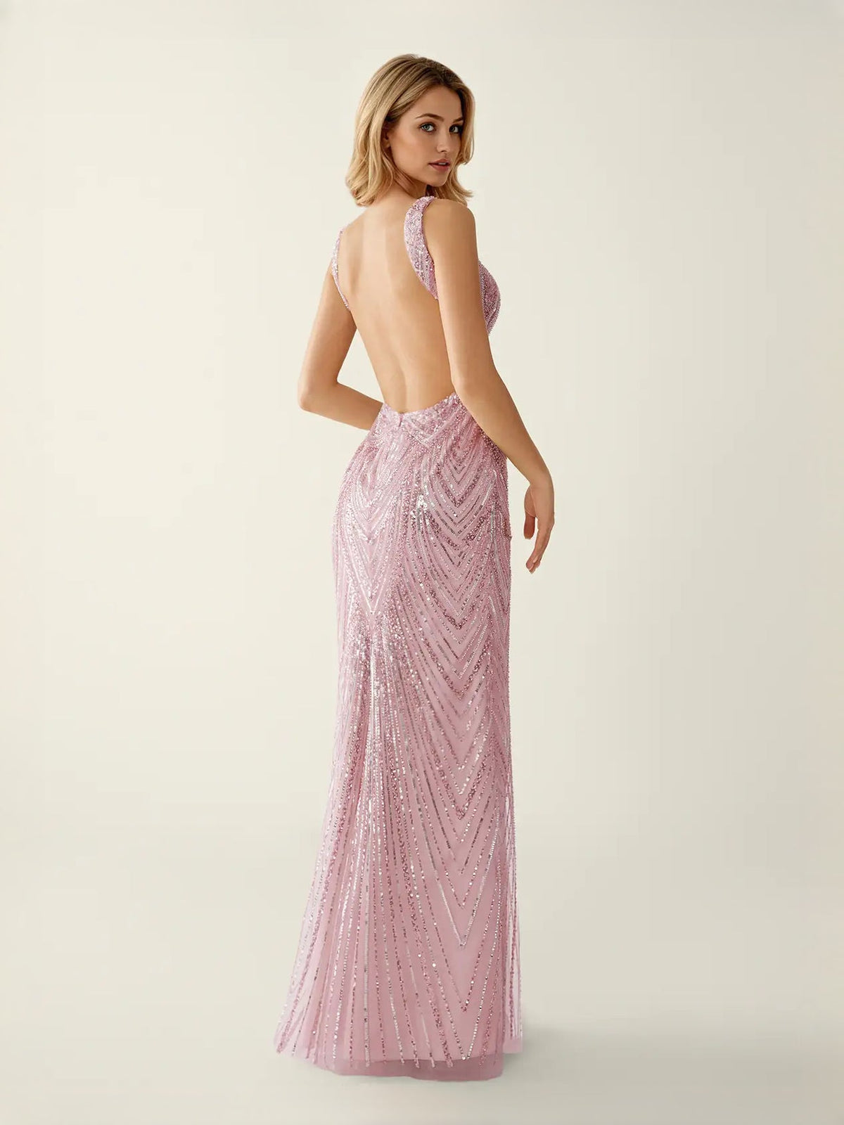 Light pink sequin mermaid maxi prom dress, V-neck front with backless racer back