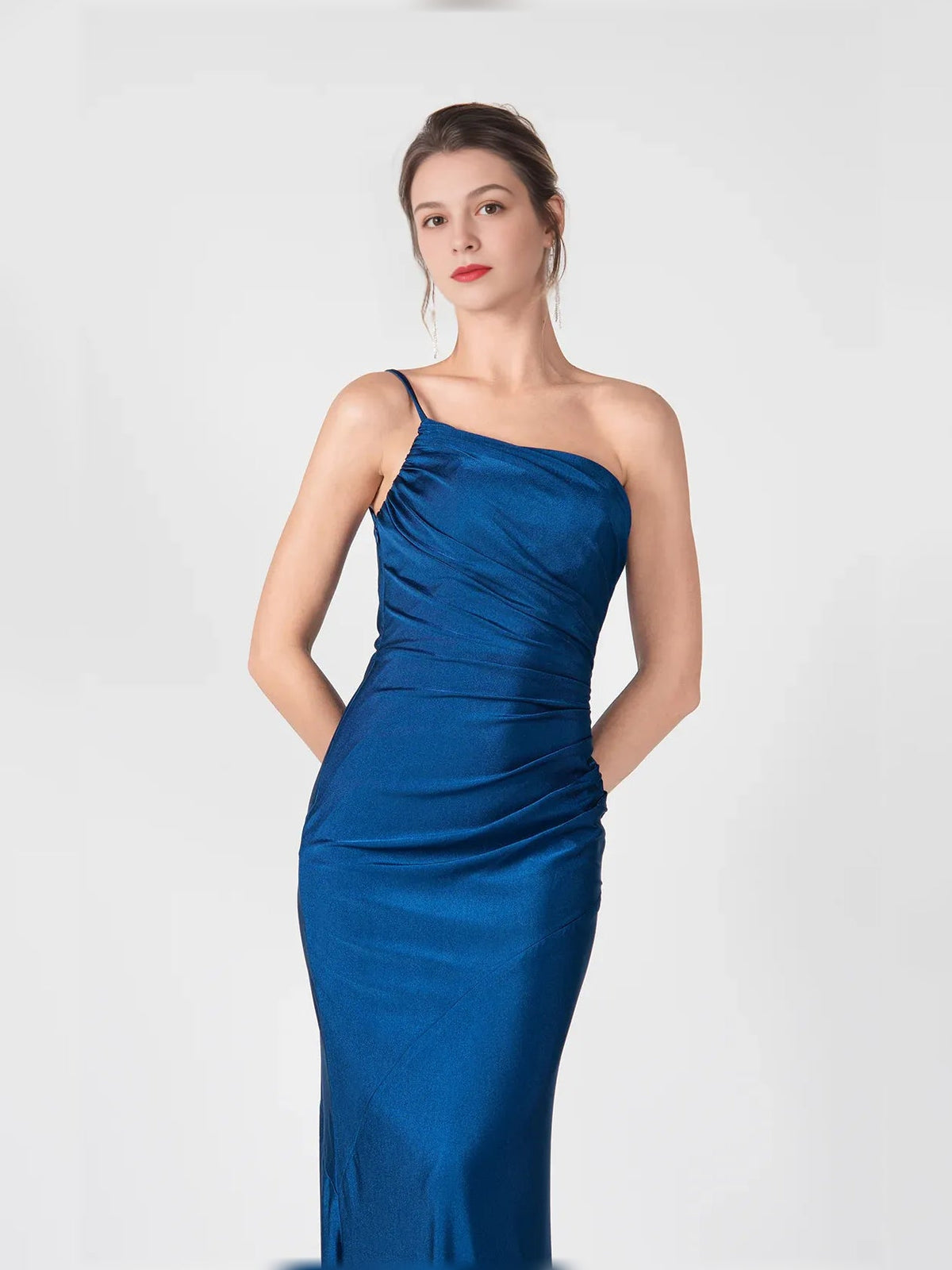 One-shoulder ruched mermaid formal dress, dark blue, floor-length
