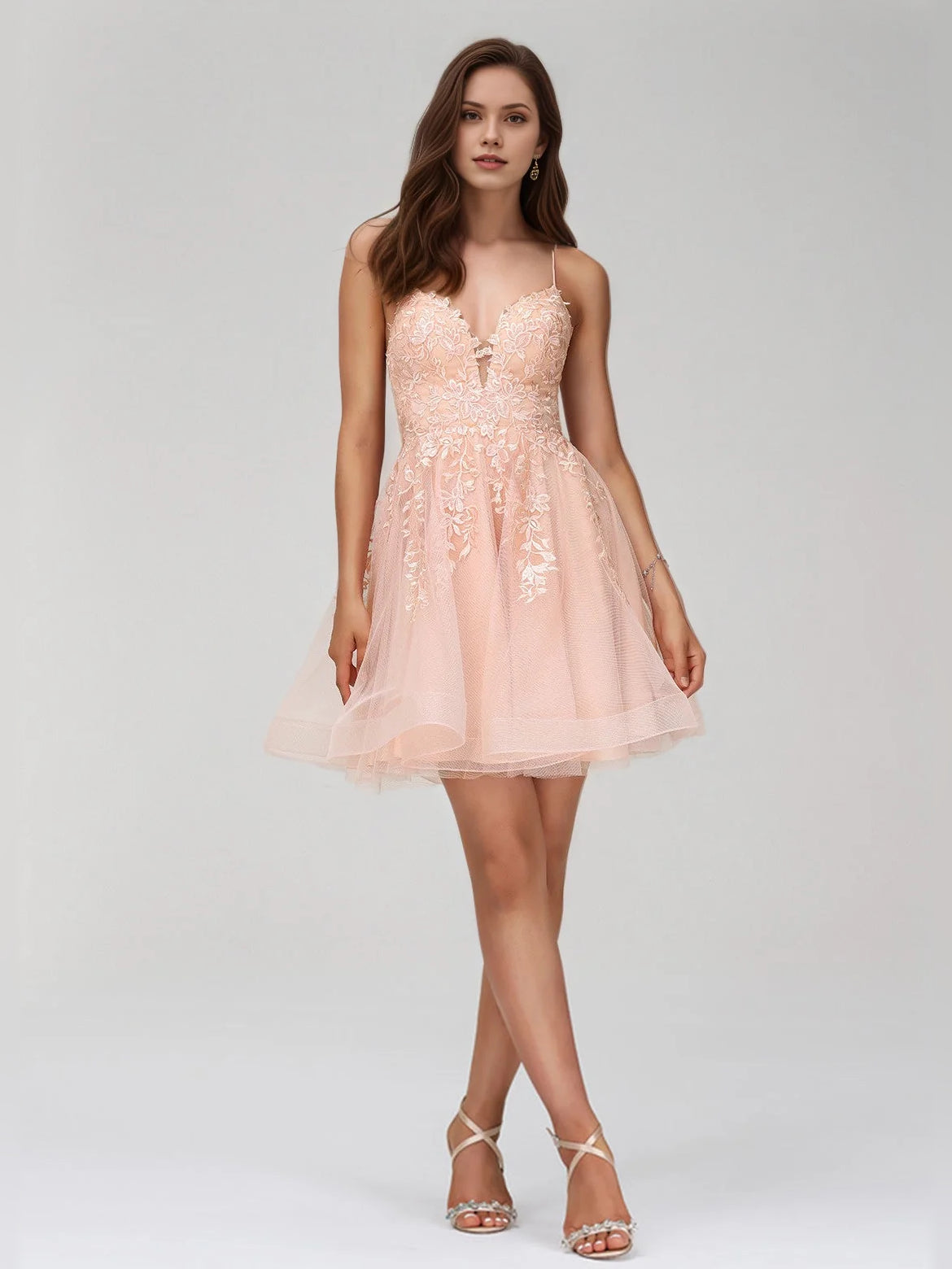 Pearl pink satin A-line mini dress with floral appliqué and V-neck