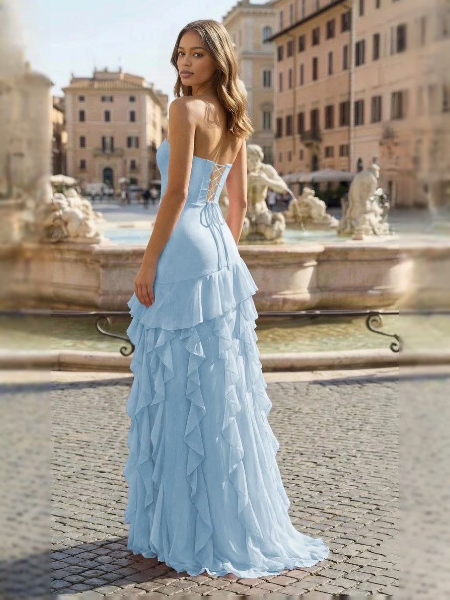Strapless tiered ruffled prom dress in light blue, A-line with high-low hem