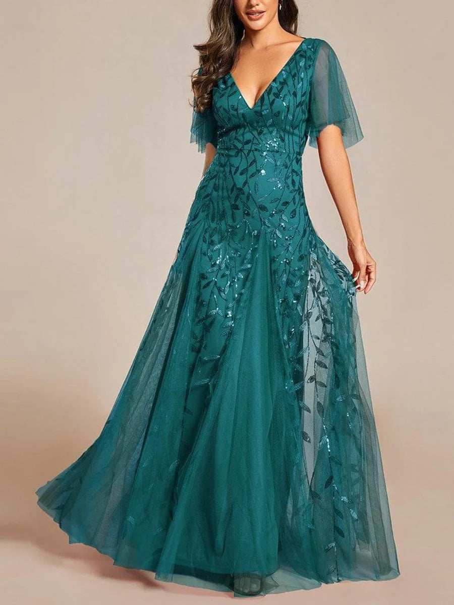 Teal embroidered V-neck A-line floor-length tulle dress with short sheer mesh sleeves