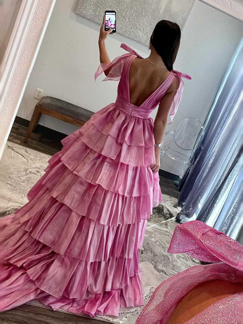 Pink tiered ruffle A-line maxi tulle prom dress, open back with bow shoulder straps