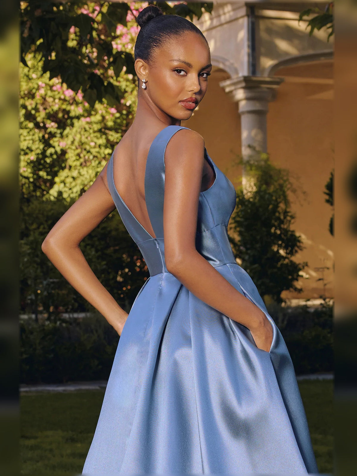 Steel blue V-back satin A-line floor-length formal dress, side view
