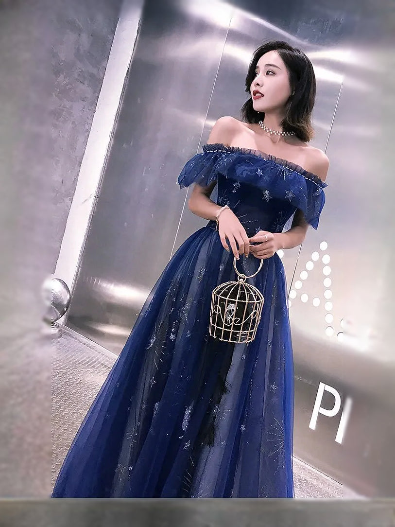 Dark navy off-shoulder tiered tulle prom dress with star-like glitter bodice and full skirt